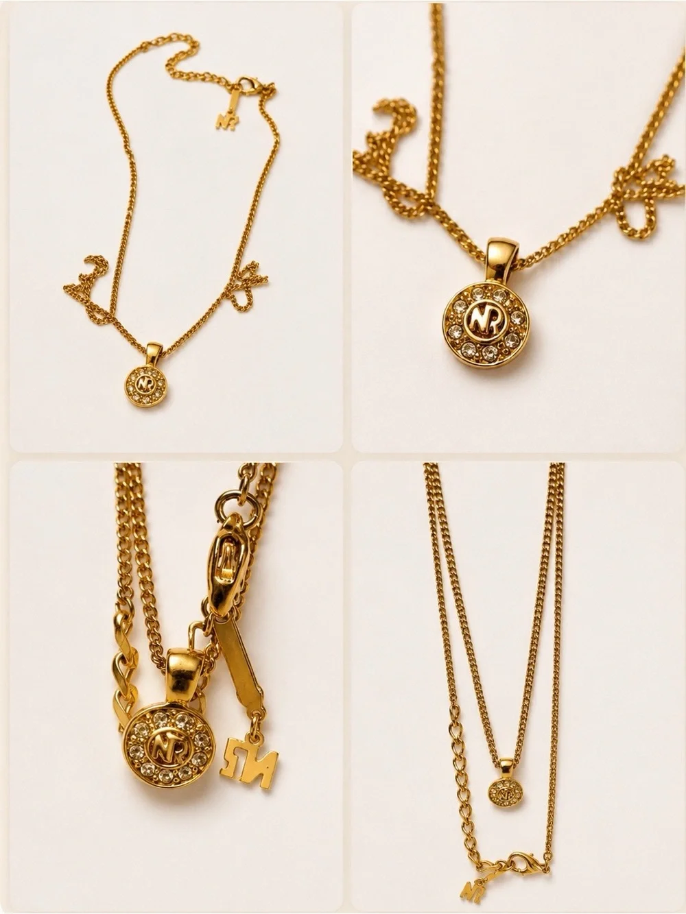 Nina Ricci Gold Tone Crystal Logo Pendant Necklace 16” + 2” Extender